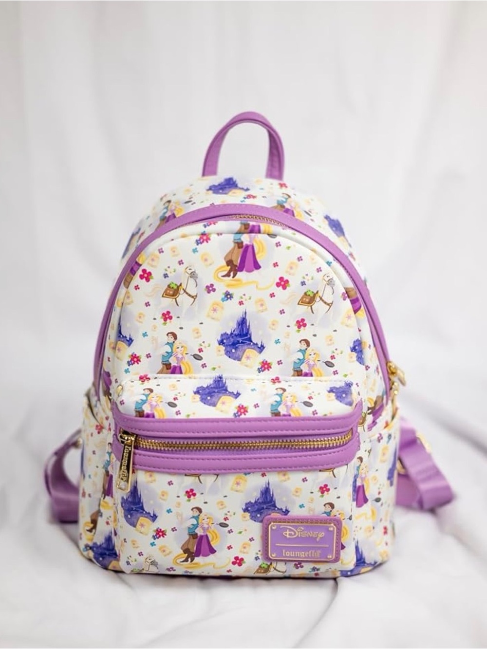Loungefly White Mini Backpack with Purple Trim and Princess Print